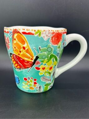 Vintage Pier 1 Colorful Butterfly Floral Ceramic Mug Cup Turquoise Background